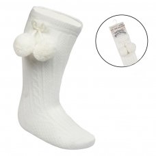 S355-C: Cream Knee Length Socks w/Pom Pom (0-24 Months)